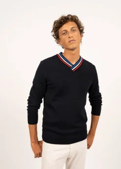 Pull en laine à col V contrasté