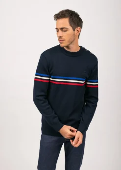 Pull marin à rayure tricolore